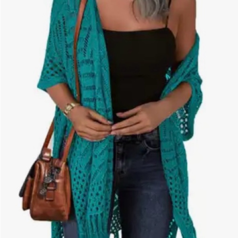Teal Crochet Kimono Cardigan Fringe Beach Coverup– Sz Medium - Picture 4 of 5